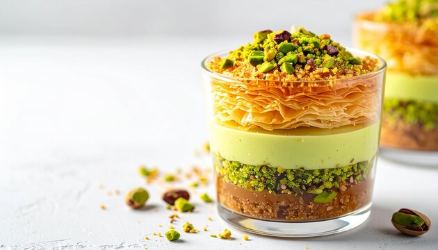 Pistachio kunafa dessert cup layered with crunchy pastry on a clean white background with copy space, realistic gourmet photography
