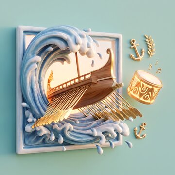 Stylized 3D art of an ancient Greek trireme galley bursting through a framed blue ocean wave with gold anchors and a traditional drum