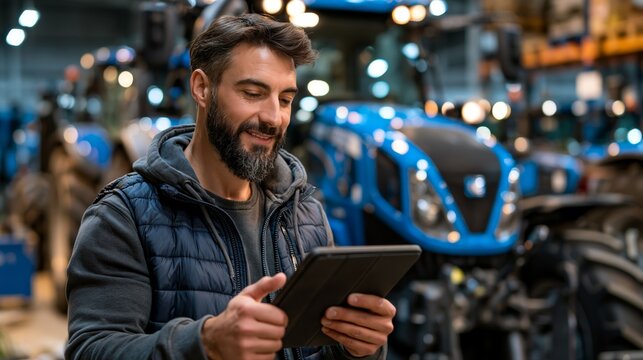 A bearded man in a jacket uses a tablet while standing in front of blue tractors on a blurred warehouse background.