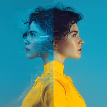 A vertical split-screen image with the same woman's profile on both sides and a solid blue background.