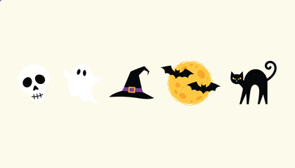 Fototapeta premium Collection of cute hand drawn Halloween icons including a skull, white ghost, witch hat, spooky bats, and black cat.