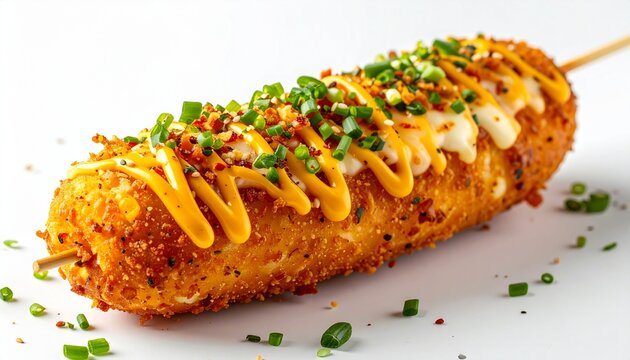 Crispy Korean corn dog coated with potatoes and mozzarella cheese on a white background with generous copy space, realistic street food photography
