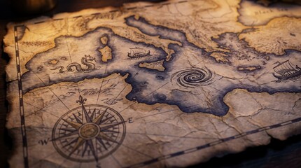Fototapeta premium Vintage nautical chart of an ancient sea featuring a compass rose, legendary sea creatures, and weathered parchment for treasure hunting
