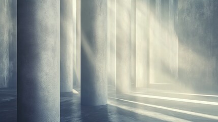 Obraz premium Abstract architectural interior with tall concrete pillars bathed in soft sunlight, creating a serene and monumental atmosphere