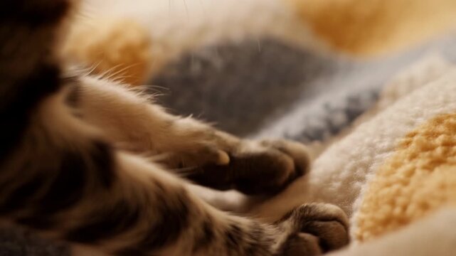 Close low angle view, sleeping longhair cat forepaws gently settling onto chunky knit blanket under warm diffused light, showing relaxed toes, plush fabric texture, calm cozy domestic mood