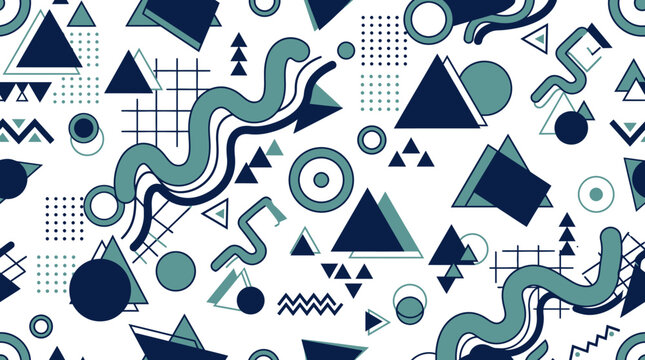 Dynamic memphis pattern with grid lines triangles and flowing shapes for modern stationery.