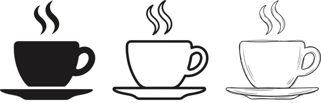 Steaming cup of coffee icon set in different artistic variations with beverage caffeine breakfast silhouette illustration