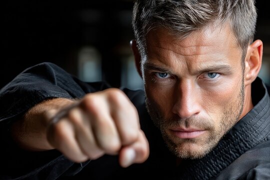 Martial artist throws punch towards camera in dark room