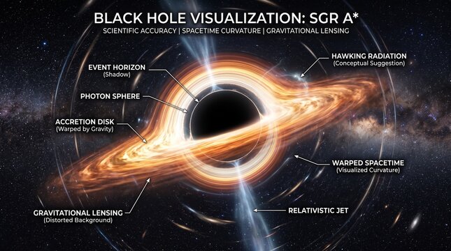 Scientific Visualization of Black Hole SGR A* Illustrating Accretion Disk, Event Horizon, Spacetime Curvature, and Relativistic Jets in Deep Space