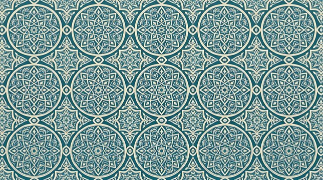 Seamless teal and cream islamic geometric mandala pattern