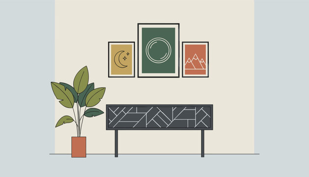 Stylish living room interior showing a black console table with abstract framed art prints and a potted plant on the side.