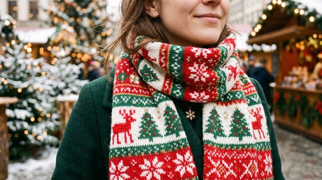 Festive red and green knitted Christmas scarf with traditional reindeer pattern