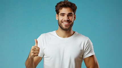 Fototapeta premium A young man in a white t-shirt gives a thumbs-up gesture against a solid blue background, smiling and appearing happy.