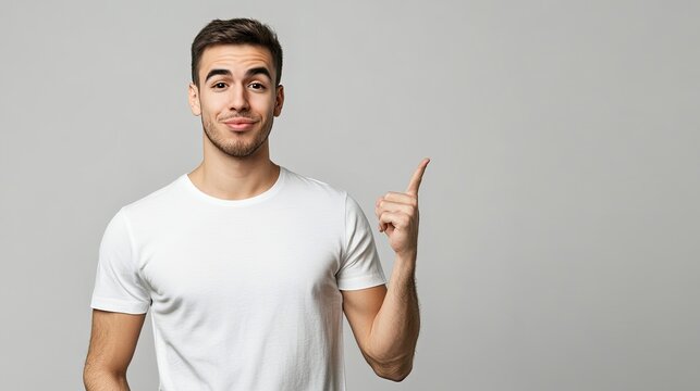 A young man in a white t-shirt points upwards with his right index finger,