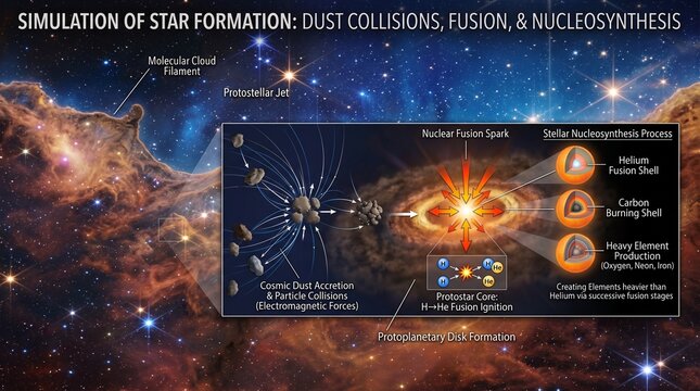 Scientific Infographic of Star Formation Simulation: Dust Collisions, Nuclear Fusion, and Nucleosynthesis Process in a Molecular Cloud