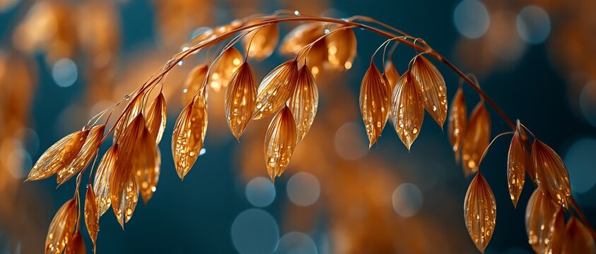 Golden dried wheat stalks with dew drops rest against a soft bokeh background of blue and warm light.