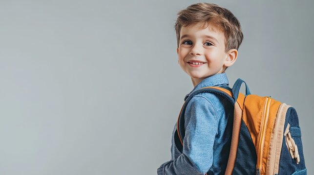 A young boy with a backpack, smiling and looking back at the camera.