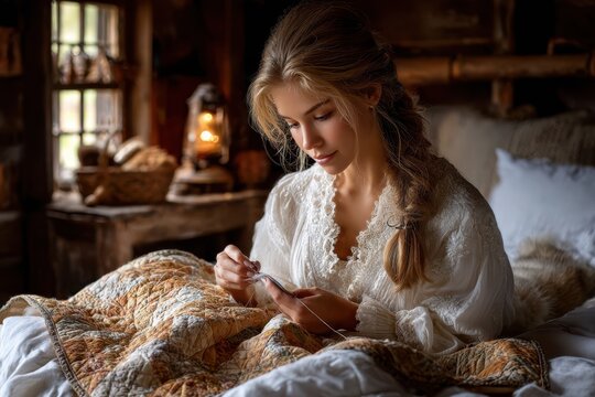 Woman sewing quietly by candlelight in a cozy cabin during the evening hours