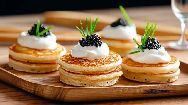 Delicious blinis with caviar and cream garnished with fresh chives on wooden board