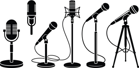 Microphone silhouette collection vintage studio and modern vocal recording equipment © MdAnowar