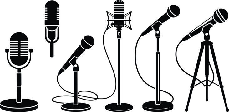 Microphone silhouette collection vintage studio and modern vocal recording equipment