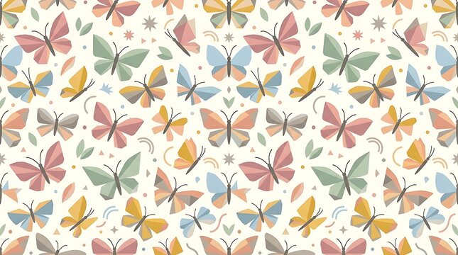 Colorful geometric butterfly seamless pattern in soft pastel tones