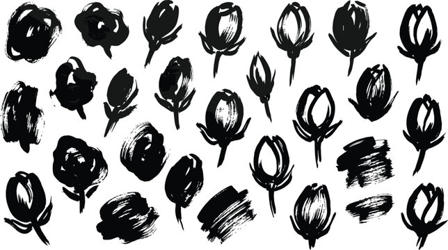 Hand drawn black ink rose bud elements set featuring sketchy floral blossoms textured plant stems and brush stroke doodles.eps