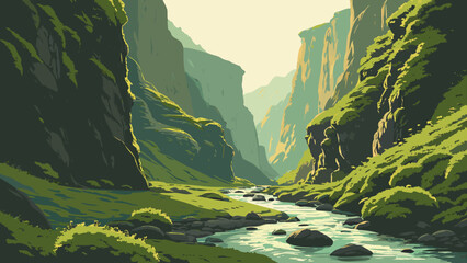 Green mountain valley landscape with flowing river and lush vegetation, peaceful © Khadija