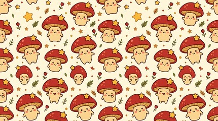 Fototapeta premium Seamless pattern of cute mushroom characters with yellow stars