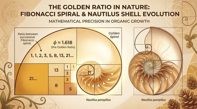 Educational illustration of the Golden Ratio and Fibonacci spiral in a Nautilus shell, showing mathematical precision in organic growth and nature's geometry.