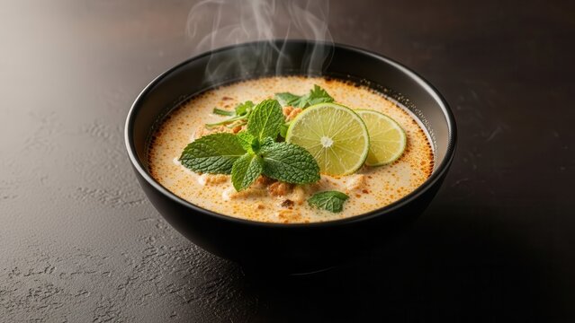Steaming bowl of creamy laksa with fresh lime and mint garnish