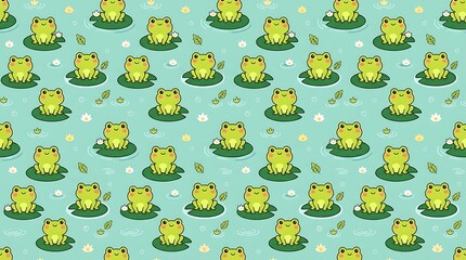 Cute cartoon frog seamless pattern on blue pond background