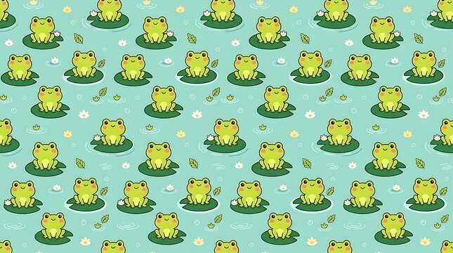 Cute cartoon frog seamless pattern on blue pond background