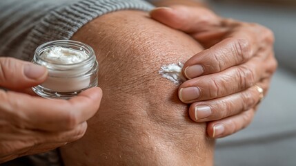 Fototapeta premium Elderly hands apply moisturizing cream to a dry, wrinkled knee against a soft grey background.