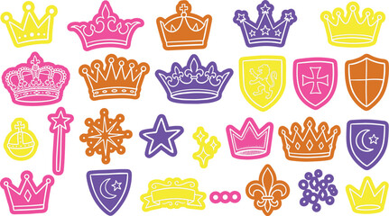 Hand drawn colorful medieval royal elements set featuring cute sketchy crowns shields magic wand and star stickers.eps © MDACHIB