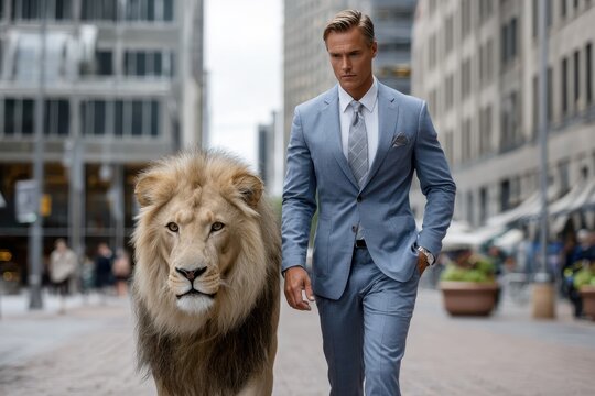 Man in suit walks confidently alongside a lion on a busy urban street