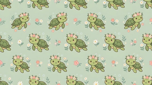 Cute turtles wearing flower crowns in a seamless green pattern