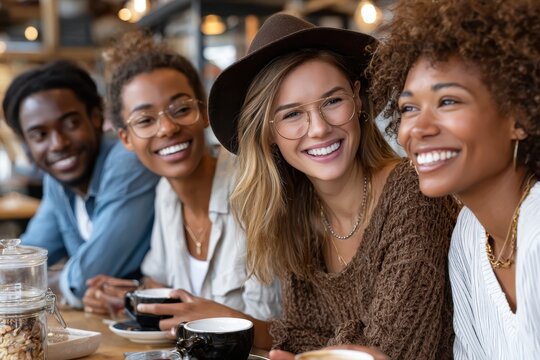 Friends enjoying coffee together in a cozy cafe during a lively afternoon gathering