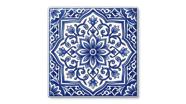 Decorative blue and white ceramic tile with ornate floral pattern