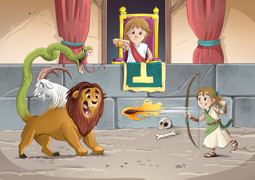Scene of a girl with a bow fighting the mythological monster Chimera, children's illustration