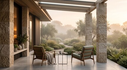 Fototapeta premium Outdoor patio lounge overlooking a misty morning landscape garden with sunlight
