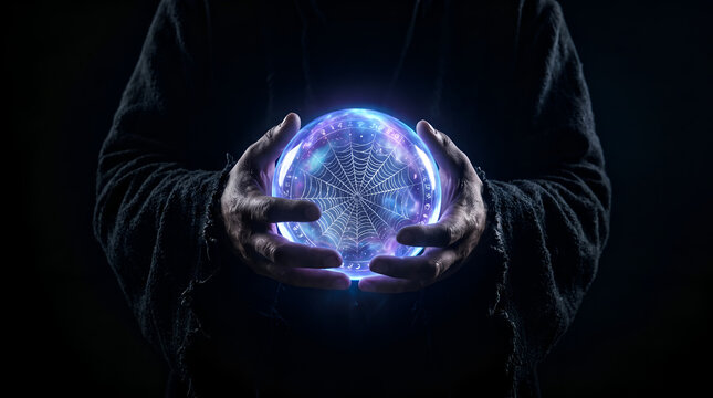Two hands emerged from the dark holding a glowing, magical crystal ball reflecting a subtle spiderweb pattern. Cinematic lighting
