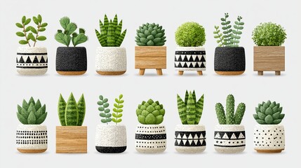 Fototapeta premium A collection of diverse succulent and leafy plants arranged in various decorative pots against a clean white background.