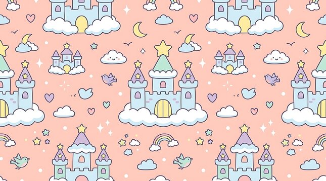 Kawaii fairy tale castle seamless pattern with rainbows and clouds