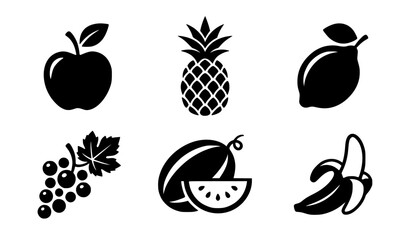 Black and white minimalist fruit icon collection with six original geometric vector fruit symbols isolated on solid white background © Mokbul