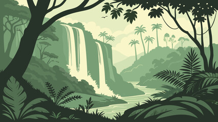 Jungle waterfall landscape drawing with tropical vegetation and river, waterfall © Khadija