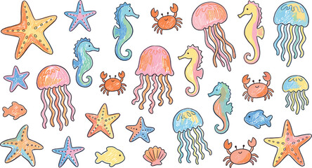 Hand drawn colorful sea creatures vector elements set featuring retro sketchy jellyfish starfish seahorses and crabs.eps © MDACHIB