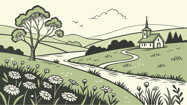 Charming rural landscape illustration with church and rolling green hills