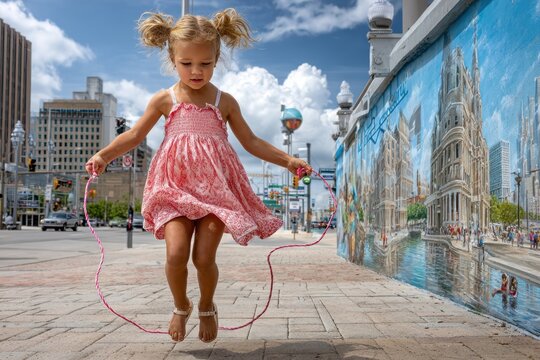 Young girl joyfully skipping rope in front of a colorful mural on a sunny day