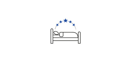 Fototapeta premium Five star hotel rating vector icon featuring a comfortable bed outline under an arc of five blue stars.